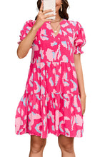 Load image into Gallery viewer, Pink Abstract Printed Puff Short Sleeve Tiered Loose Dress
