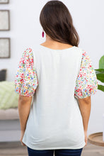 Load image into Gallery viewer, White Contrast Floral Puff Sleeve Ribbed Knit Plus Size Blouse
