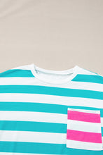 Load image into Gallery viewer, Blue Stripe Contrast Patch Pocket Drop Sleeve T Shirt
