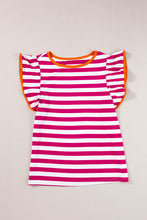 Load image into Gallery viewer, Rose Red Striped Ruffle Sleeve Crew Neck Blouse
