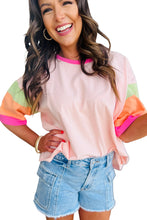 Load image into Gallery viewer, Pink Color Block Stitching Sleeve Round Neck Oversize Top
