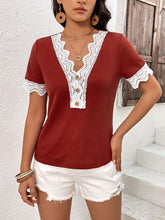 Load image into Gallery viewer, Lace Detail V-Neck Short Sleeve T-Shirt
