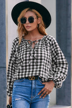 Load image into Gallery viewer, Plaid Tie Neck Balloon Sleeve Blouse
