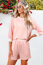 Load image into Gallery viewer, Pink Corded Colorblock Long Sleeve Top and Shorts Set
