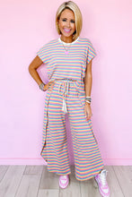 Load image into Gallery viewer, Pink Stripe Rainbow Tee Tasseled String Wide Leg Pants Set
