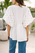 Load image into Gallery viewer, White Embroidered Puff Sleeve V Neck Blouse
