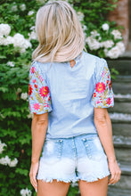 Load image into Gallery viewer, Light Blue Gingham Floral Embroidered Puff Sleeve Blouse
