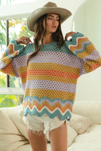 Load image into Gallery viewer, BiBi Wavy Hem Openwork Contrast Round Neck Sweater
