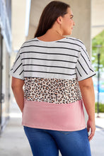 Load image into Gallery viewer, Plus Size Striped Leopard Round Neck Half Sleeve T-Shirt
