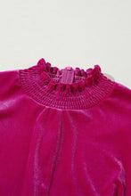 Load image into Gallery viewer, Rose Red Smocked Mock Neck Ruffled Puff Sleeve Velvet Mini Dress
