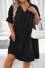 Load image into Gallery viewer, Black Solid Ruffled Puff Sleeve V Neck Plus Size Mini Dress
