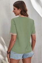 Load image into Gallery viewer, Full Size Lace Detail V-Neck Short Sleeve Blouse
