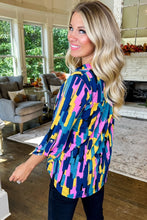 Load image into Gallery viewer, Blue Plus Size Brushstroke Print 3/4 Sleeve Blouse
