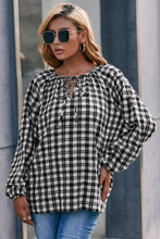 Load image into Gallery viewer, Plaid Tie Neck Balloon Sleeve Blouse
