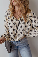 Load image into Gallery viewer, White Printed Split Neck Bubble Sleeve Loose Blouse
