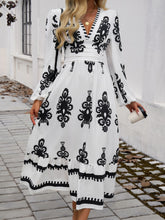 Load image into Gallery viewer, Devine Ruffled Printed Plunge Long Sleeve Dress
