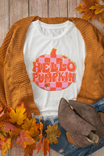 Load image into Gallery viewer, White Chenille Checkerboard Hello Pumpkin Patched Pattern Thanksgiving T Shirt
