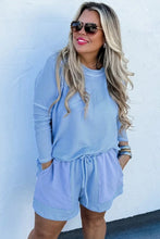 Load image into Gallery viewer, Light Blue Plus Size Ribbed Long Sleeve Top and Drawstring Shorts Set
