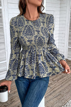 Load image into Gallery viewer, Sky Blue Boho Printed Balloon Sleeve Smocked Peplum Blouse
