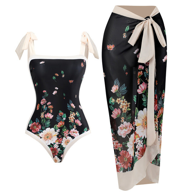 2pc - Black Floral V-Neck Swimsuit & Wrap Ti Amo I love you