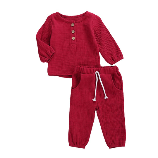 2pc Outfit - Baby / Toddler - Cotton Linen Button Long Sleeve Top & Long Pants Ti Amo I love you