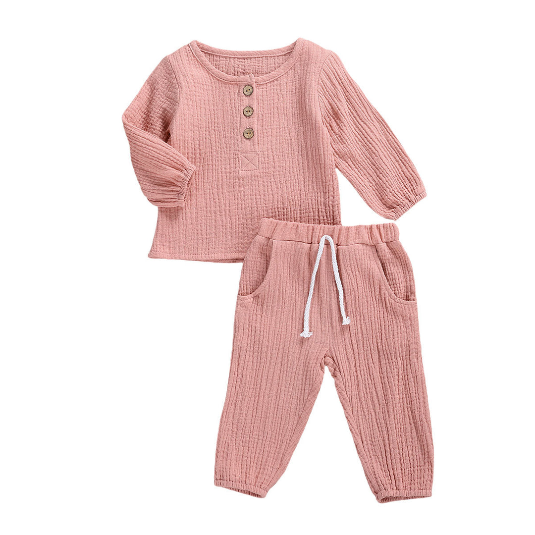2pc Outfit - Baby / Toddler - Cotton Linen Button Long Sleeve Top & Long Pants Ti Amo I love you