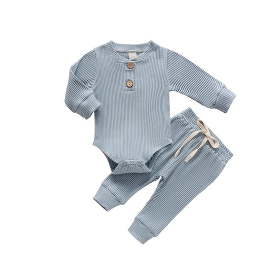 2pc Set - 10 Colors -  Infant Newborn Baby - Girl / Boy - Spring / Autumn - Ribbed/Plaid Solid Clothes Long Sleeve Sets -  Bodysuits + Elastic Pants Ti Amo I love you