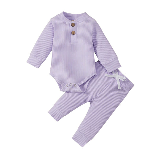 2pc Set - 10 Colors -  Infant Newborn Baby - Girl / Boy - Spring / Autumn - Ribbed/Plaid Solid Clothes Long Sleeve Sets -  Bodysuits + Elastic Pants Ti Amo I love you