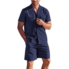 Load image into Gallery viewer, 2pc Set - 5 Colors - Mens - Lapel Collar Short Sleeve Shirt Set With Pockets Loose Casual Shirt And Shorts Summer Ti Amo I love you
