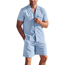 Load image into Gallery viewer, 2pc Set - 5 Colors - Mens - Lapel Collar Short Sleeve Shirt Set With Pockets Loose Casual Shirt And Shorts Summer Ti Amo I love you
