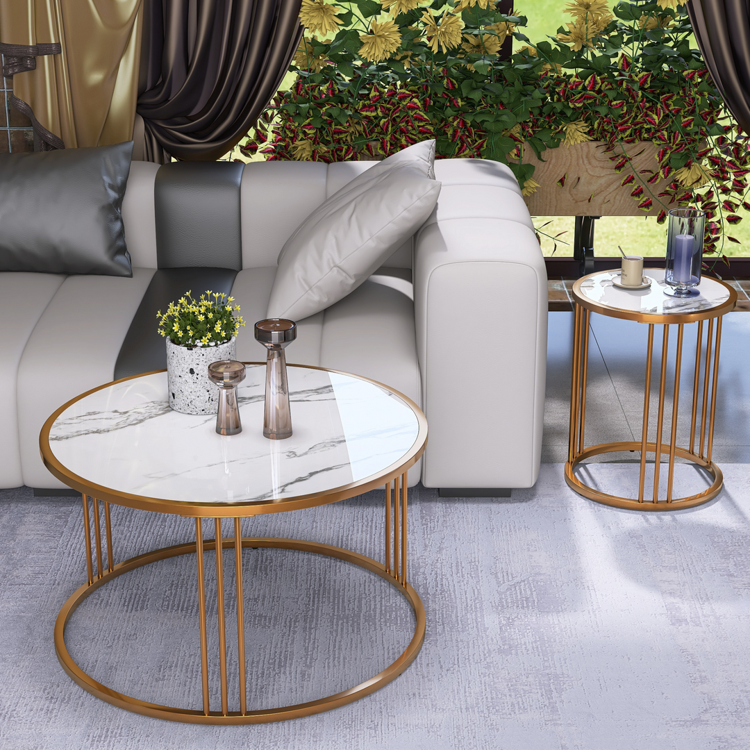 2pc Set - Coffee Table + Round Slate Coffee Table with Steel Frame For Living Room Ti Amo I love you
