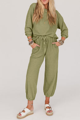 2pc Set - Laurel Green Waffle Knit Long Sleeve Top Drawstring Joggers Set Ti Amo I love you