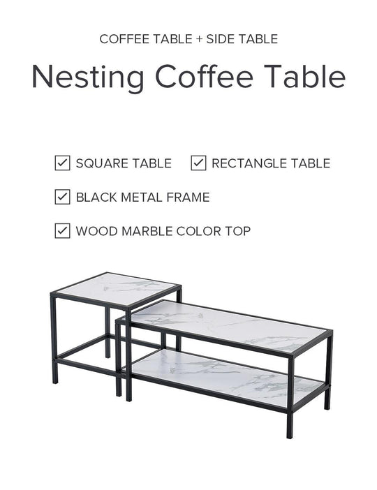 2pc Set - Modern Nesting Coffee Tables - Square & Rectangle Tables -  Black Metal Frame with Wood Marble Color Top Ti Amo I love you
