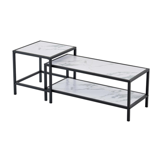 2pc Set - Modern Nesting Coffee Tables - Square & Rectangle Tables -  Black Metal Frame with Wood Marble Color Top Ti Amo I love you