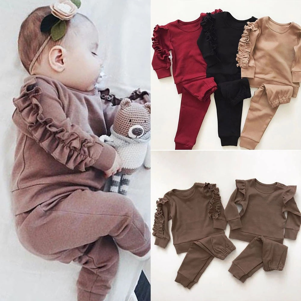 2pc Set - Newborn Baby - Girls - Solid Long Sleeve Ruffled Top+ Pants -  Outfits Clothes Set Ti Amo I love you