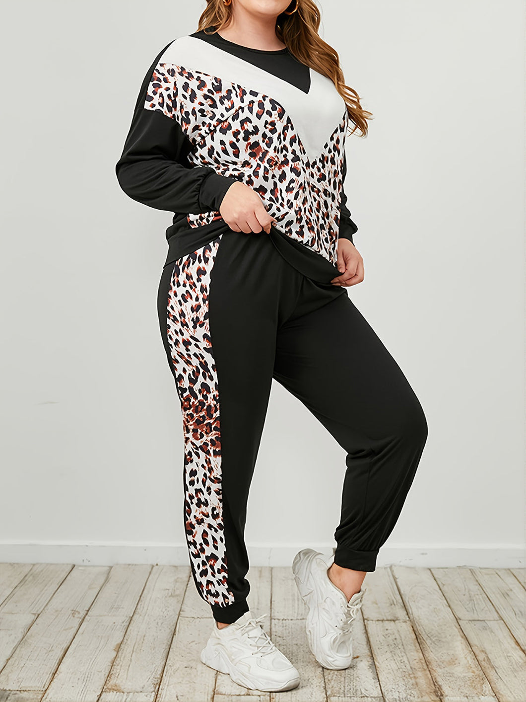 2pc Set - Womens Plus Size - Leopard Sweatshirt and Sweatpants Set Ti Amo I love you