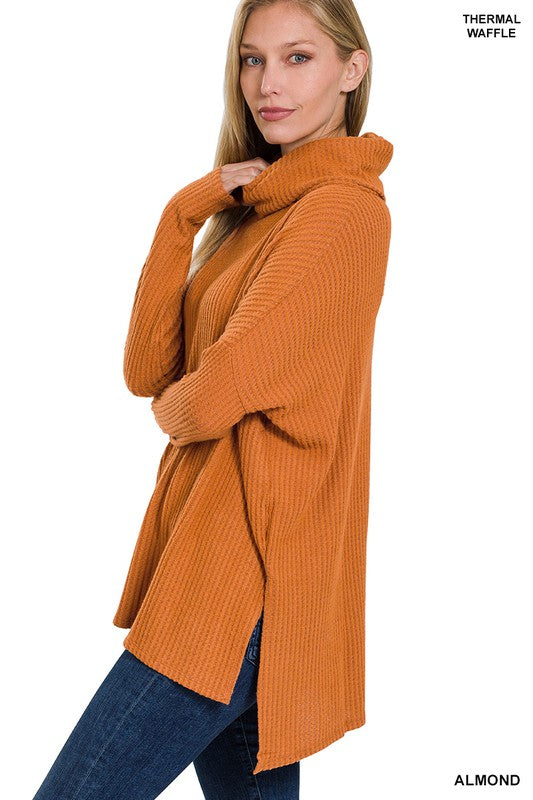 3 Colors - Brushed Thermal Waffle Cowl Neck Hi-Low Sweater Ti Amo I love you