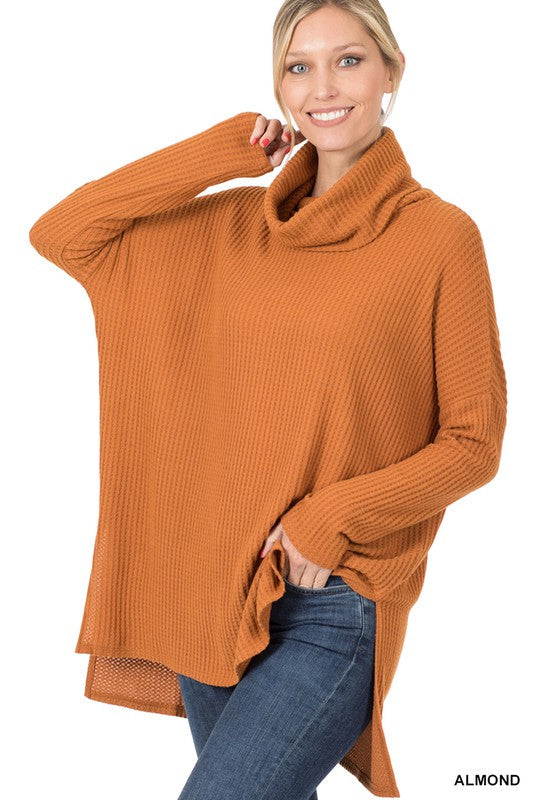 3 Colors - Brushed Thermal Waffle Cowl Neck Hi-Low Sweater Ti Amo I love you