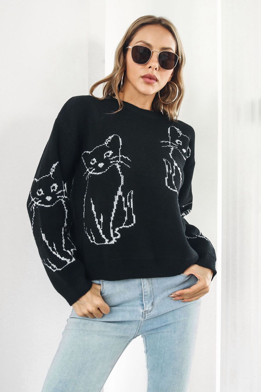 3 Colors - Cat Pattern Round Neck Long Sleeve Pullover Sweater Ti Amo I love you