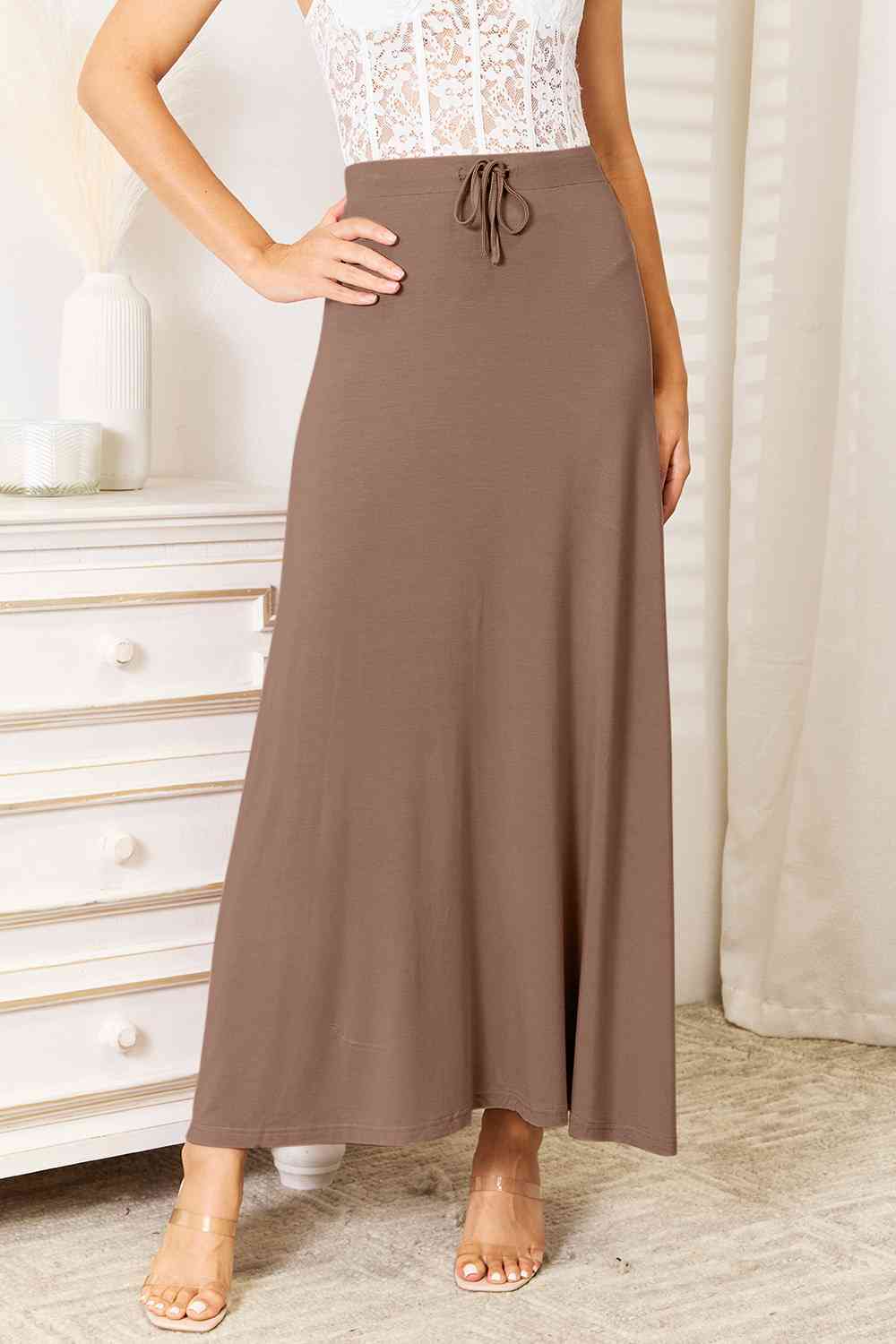 3 Colors - Double Take Full Size Soft Rayon Drawstring Waist Maxi Skirt Rayon - Sizes S-2XL Ti Amo I love you