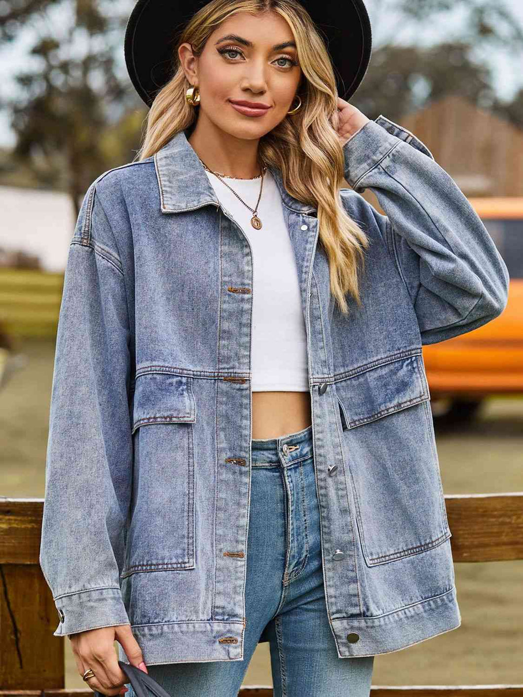 3 Colors - Dropped Shoulder Denim Jacket with Pockets Ti Amo I love you