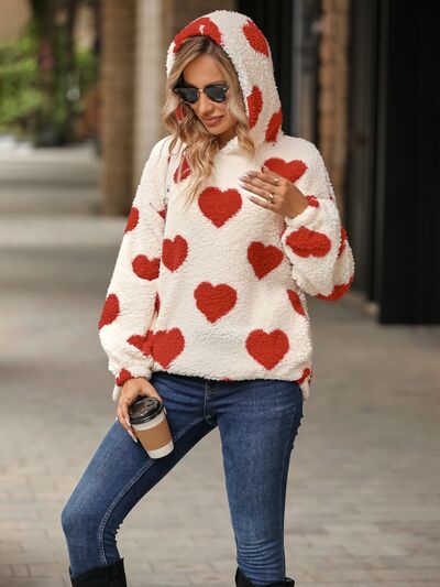 3 Colors - Fuzzy Heart Pocketed Dropped Shoulder Hoodie Ti Amo I love you