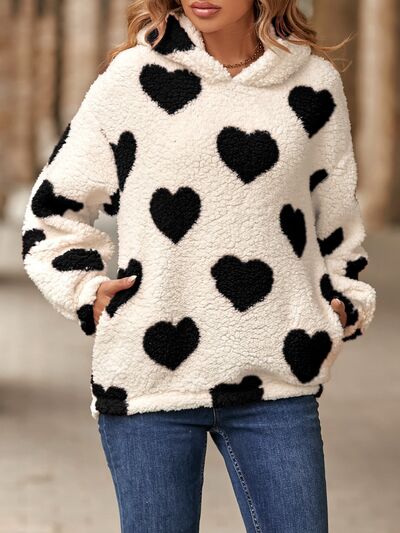 3 Colors - Fuzzy Heart Pocketed Dropped Shoulder Hoodie Ti Amo I love you