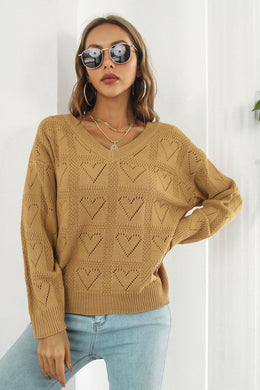 3 Colors - Heart V-Neck Drop Shoulder Sweater Ti Amo I love you