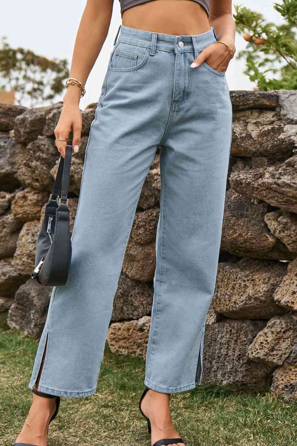 3 Colors - High Waist Loose Fit Ankle Slit Jeans Ti Amo I love you