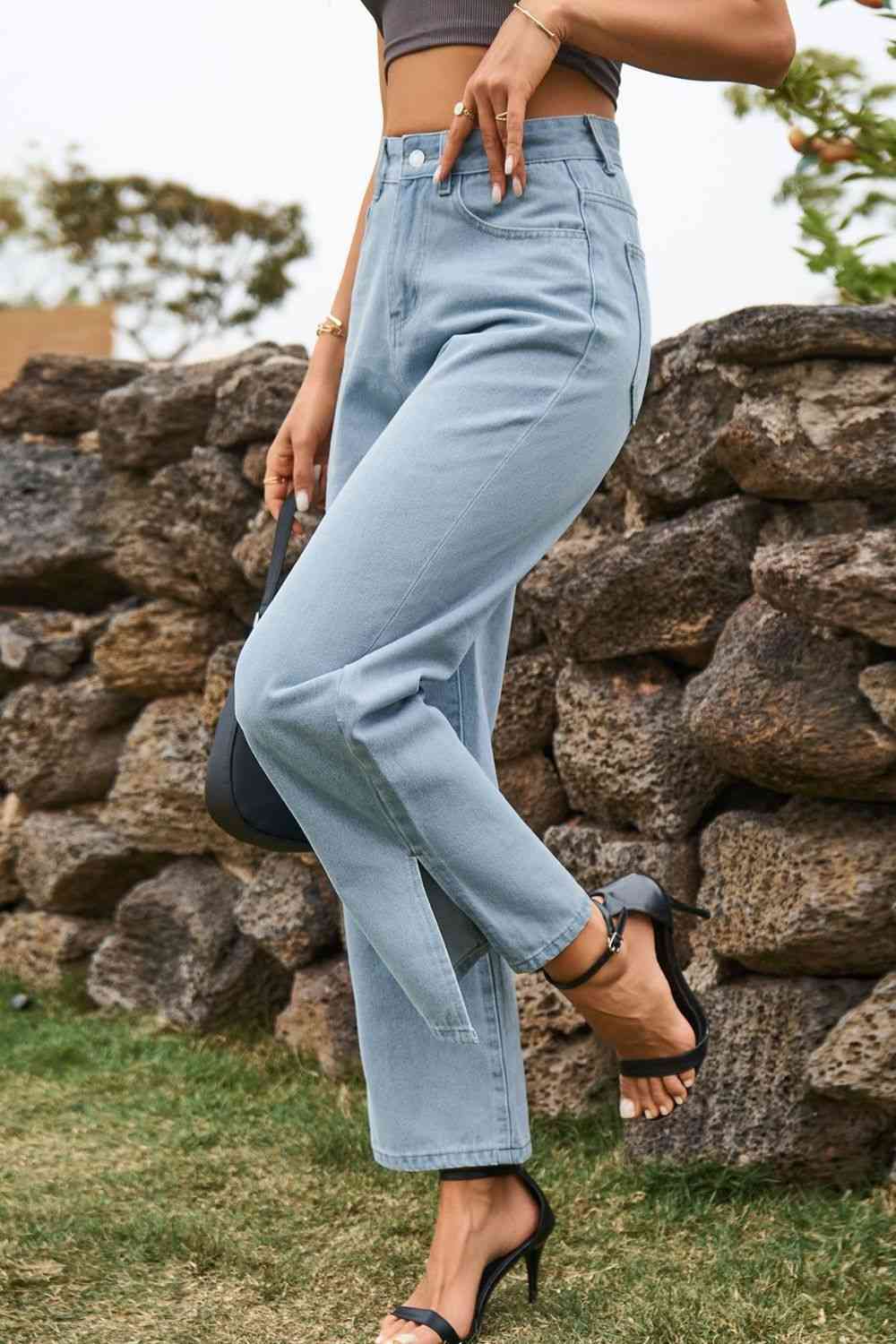3 Colors - High Waist Loose Fit Ankle Slit Jeans Ti Amo I love you