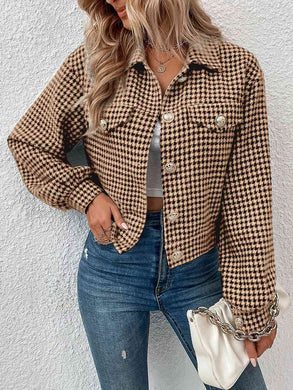 3 Colors - Houndstooth Collared Neck Button Up Jacket - Sizes S-XL Ti Amo I love you