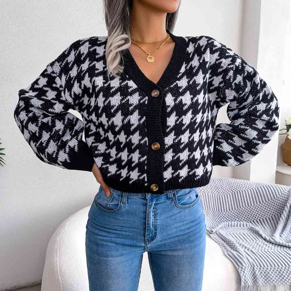 3 Colors - Houndstooth V-Neck Dropped Shoulder Cropped Cardigan - Sizes S-L Ti Amo I love you