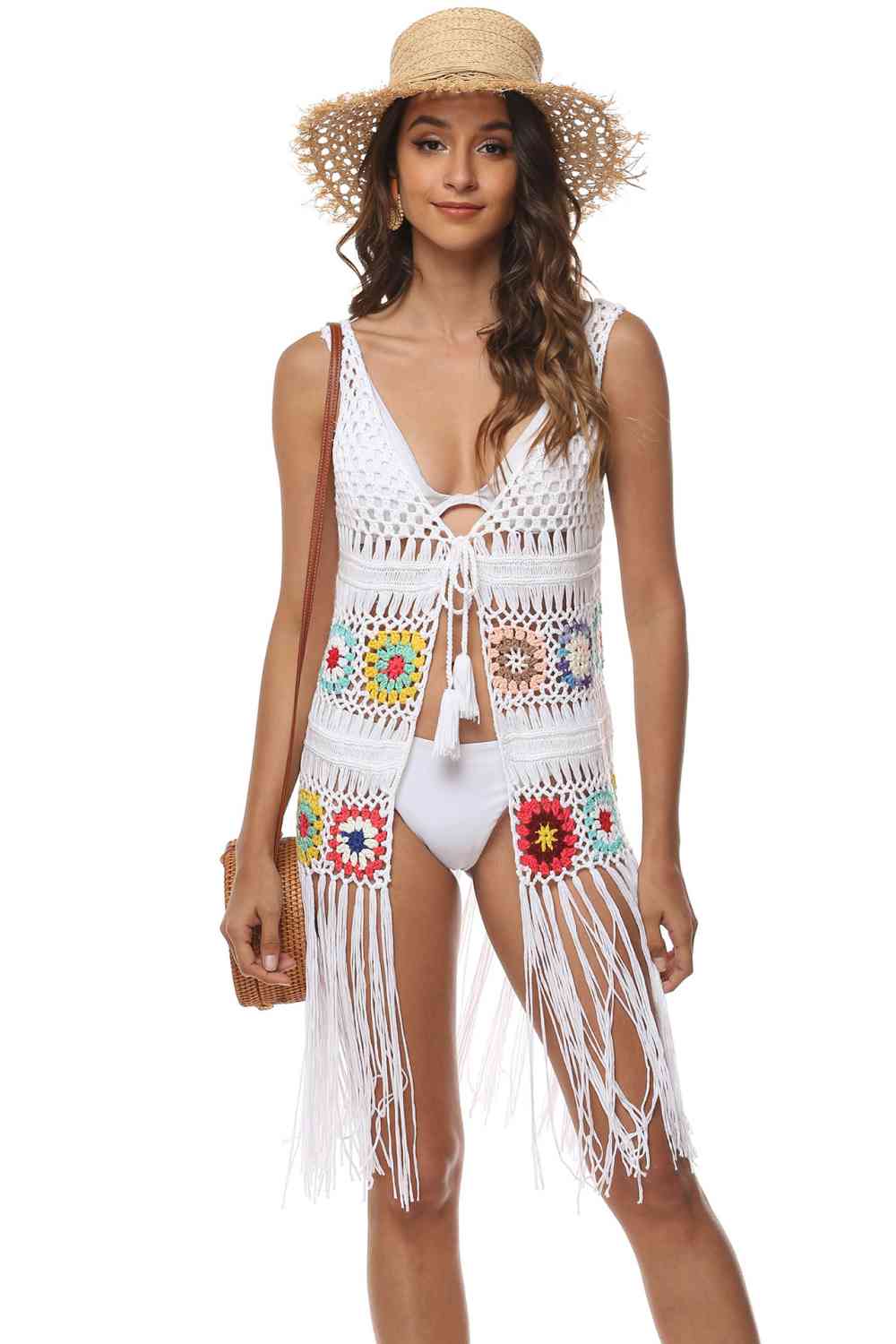 3 Colors - Openwork Fringe Detail Embroidery Sleeveless Cover-Up Ti Amo I love you