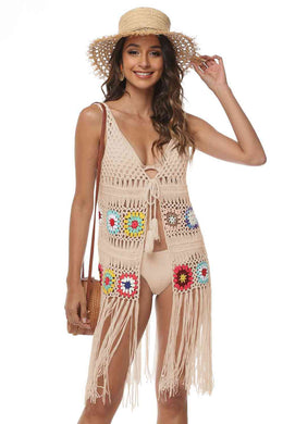 3 Colors - Openwork Fringe Detail Embroidery Sleeveless Cover-Up Ti Amo I love you